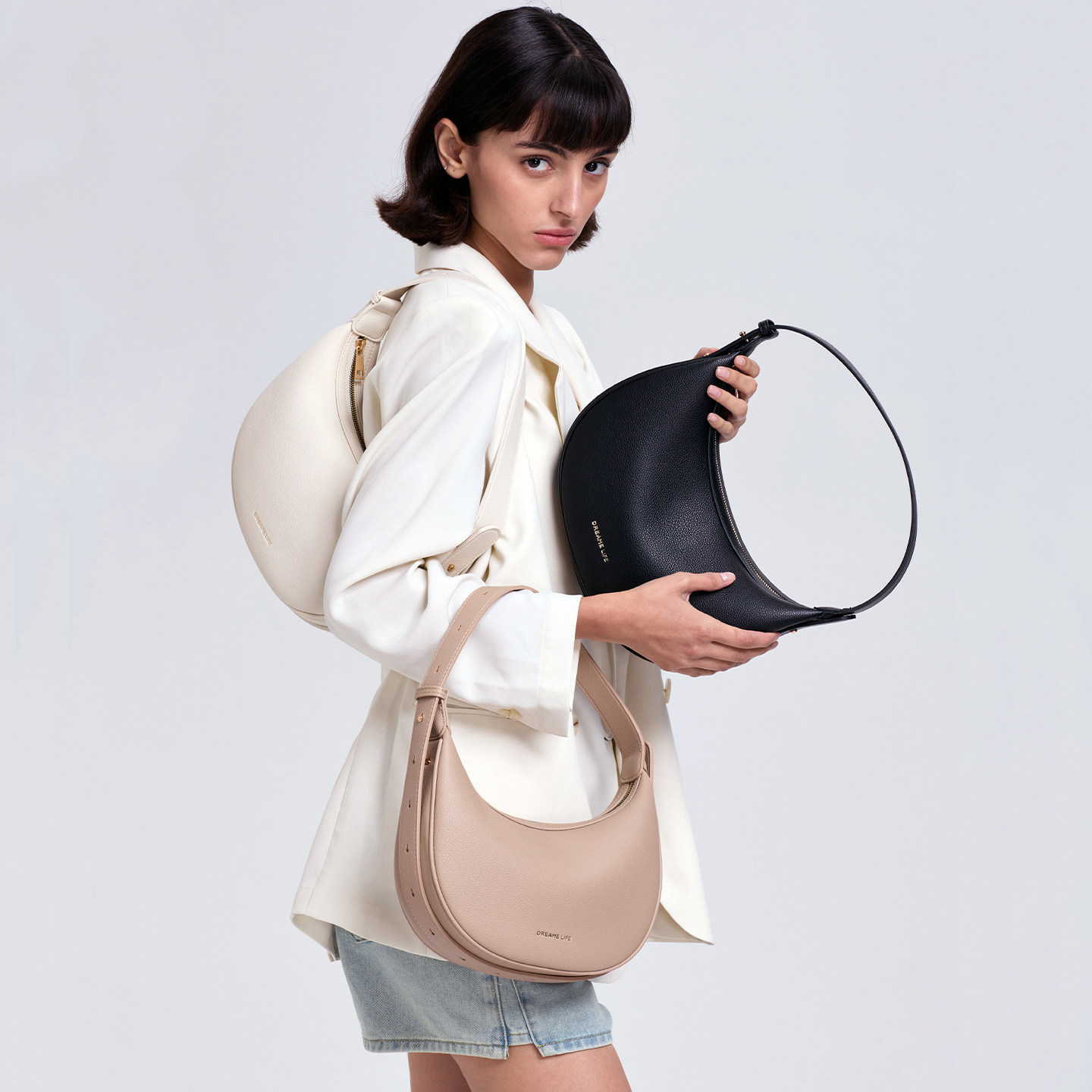 NEVERLAB鎏光系列斜挎单肩包2025新款可调节饺子包皮质上班通勤