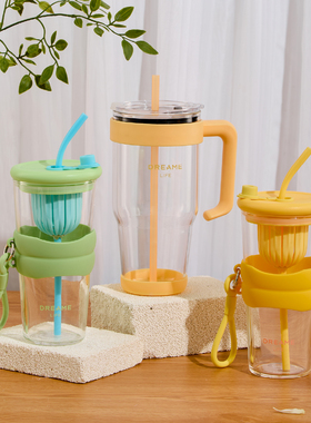 NEVERLAB色彩系列玻璃吸管杯果汁杯带提手可过滤夏季创意便携