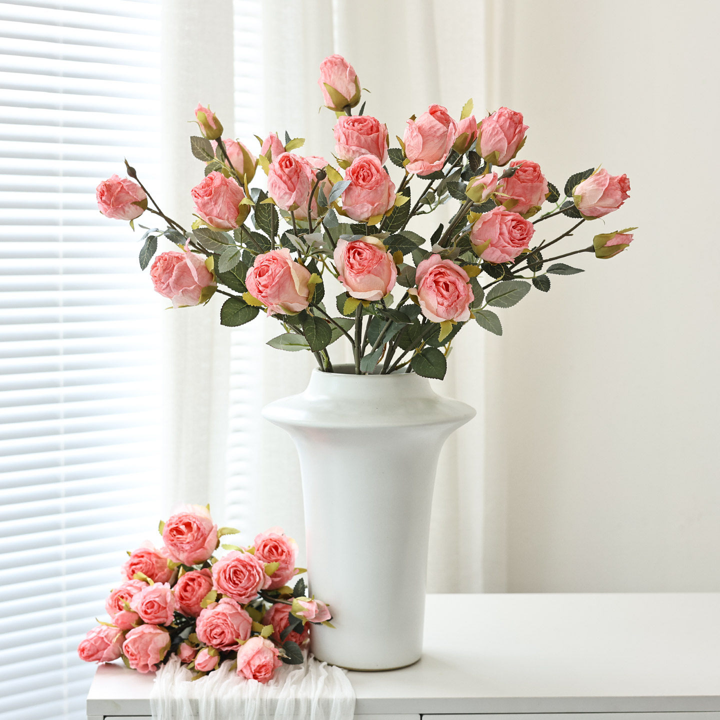 焦边玫瑰花彷真花客厅餐桌装饰花摆件娟花高级感假花花瓶插花摆设