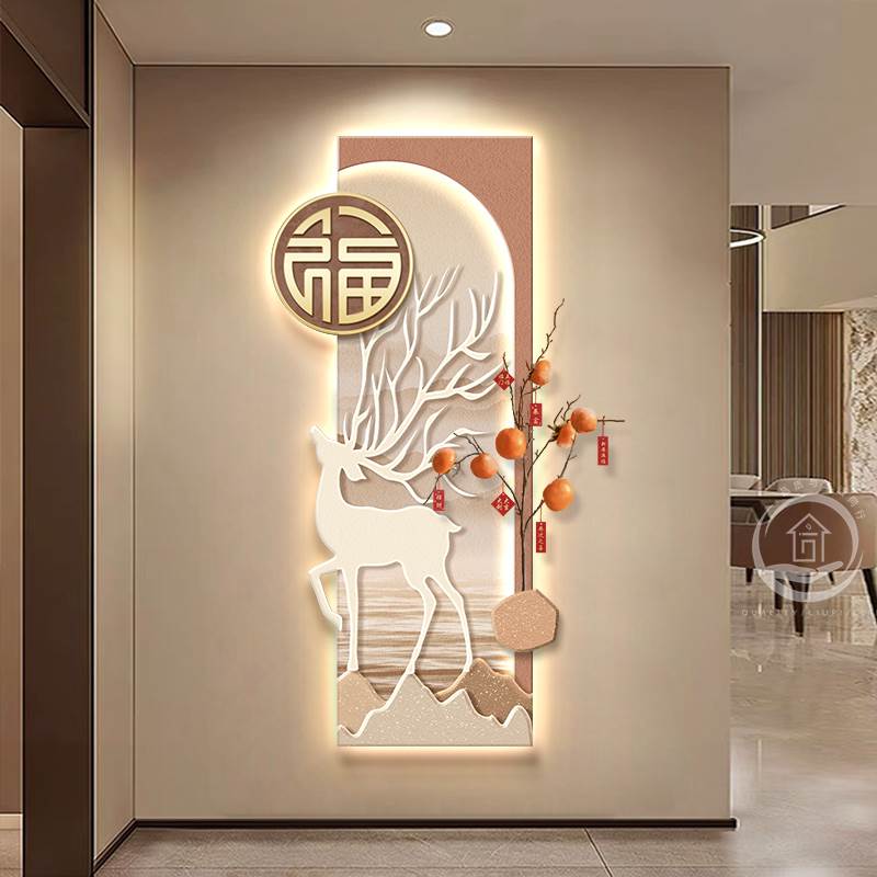 新中式福鹿玄关装饰画轻奢高端入户门寓意壁画灯走廊过道柿子挂画