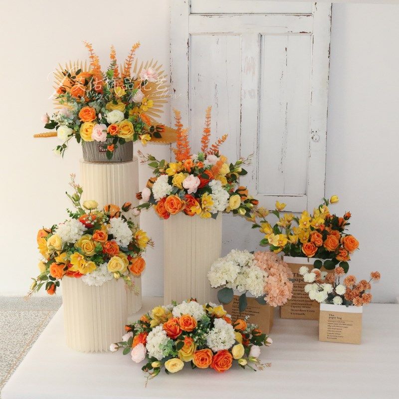 婚庆仿真花艺组合套装路引花球水牌折叠圆柱摆件桌花组合橱窗摄影