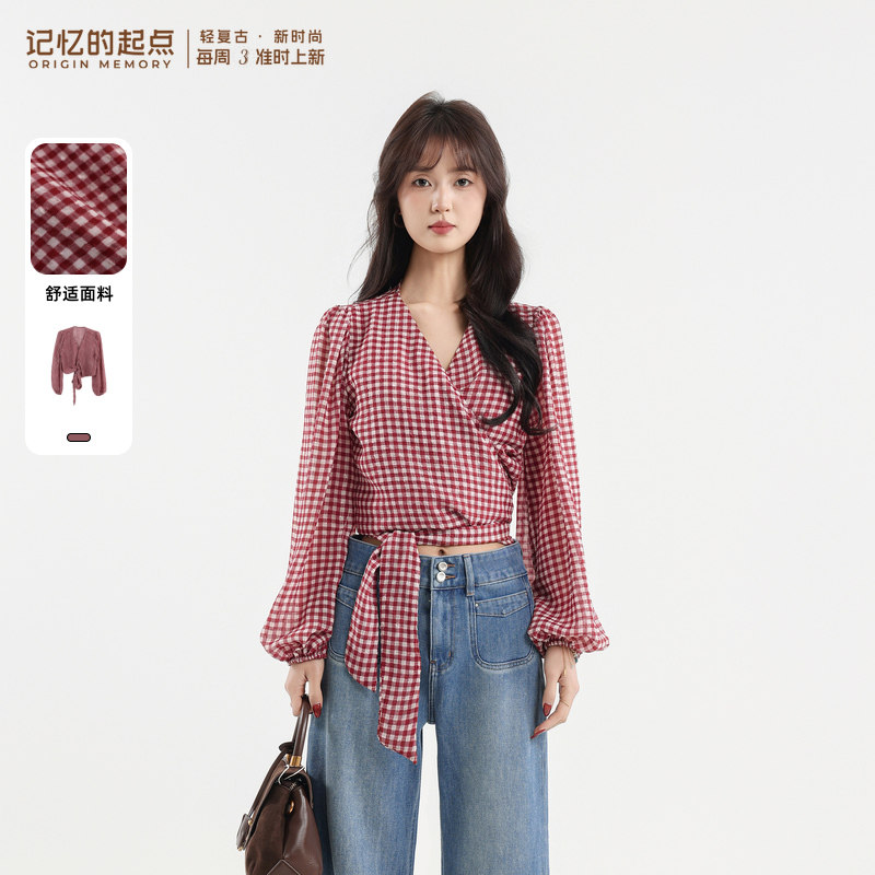 记忆的起点长袖小衫2026夏季新款格子V领系带衬衫上衣女70AX12639