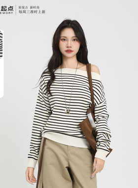 记忆的起点套头一字肩毛衣宽松条纹上衣2025冬季新款女69GD50177