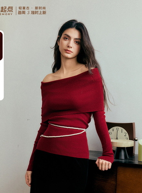 记忆的起点套头一字领露肩针织衫红色毛衣2025冬季新款69GD50002D