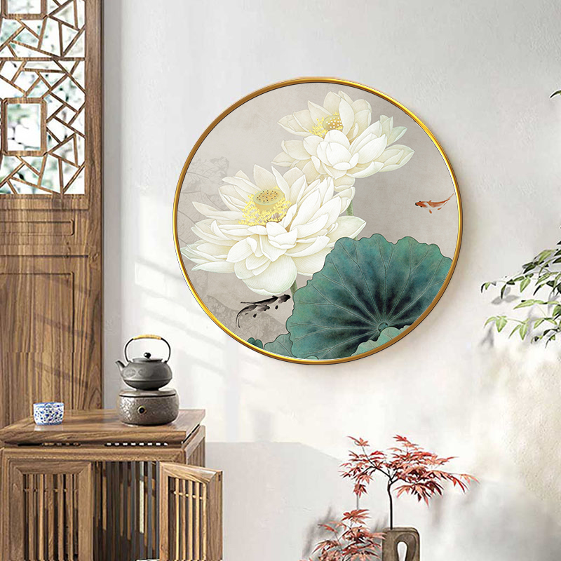 入户玄关装饰画走廊过道圆形挂画新中式荷花客厅晶瓷壁画餐厅墙画图片