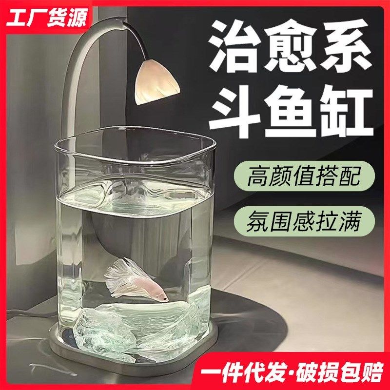 斗鱼专用缸灯造景小型鱼缸桌面微景观水晶石超白玻璃生态瓶创意缸