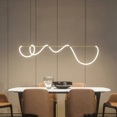 极简餐厅吧台吊灯长条餐桌音符艺术设计师创意个性灯管缠绕线条灯