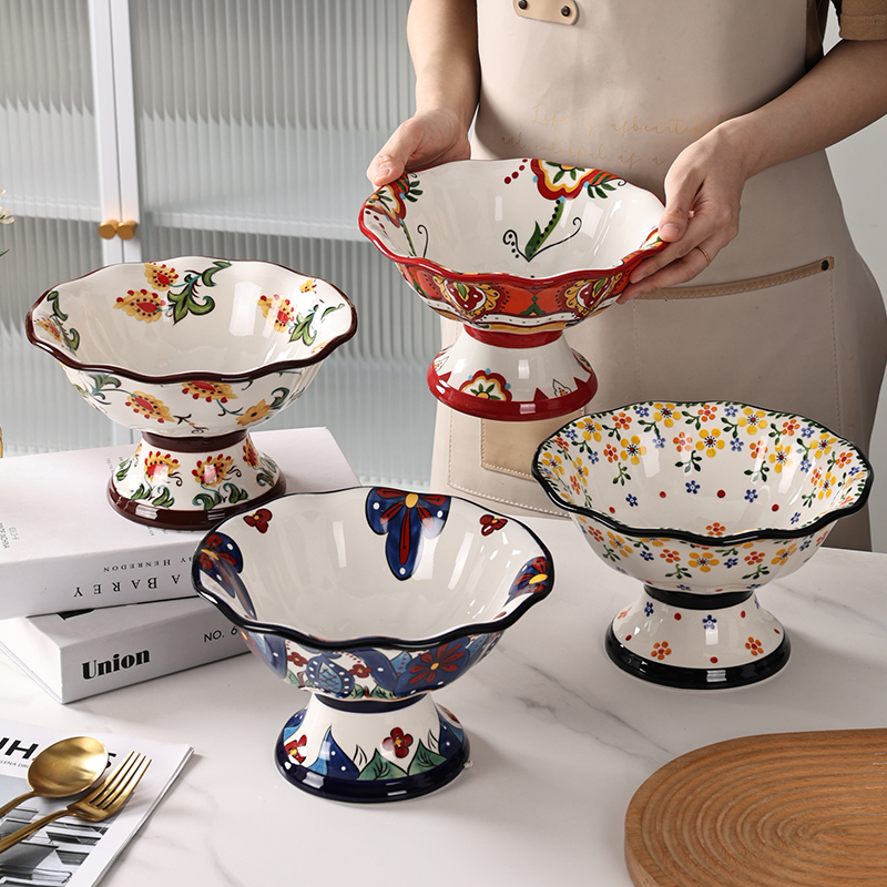 波兰风陶瓷高端送礼花边高脚水果盘精致果篮客厅茶几家用创意果盆