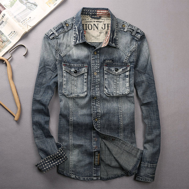 卡威酷潮男春秋装新款肩章牛仔衬衫做旧男士长袖休闲衬衣外套上衣,男装,衬衫,淘宝优惠券,粉丝福利购,淘宝优惠卷