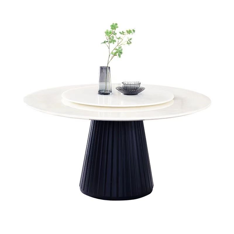 高档天然玉石轻奢石大理石圆桌实木餐桌椅带转盘白冰玉别墅蓝白椅