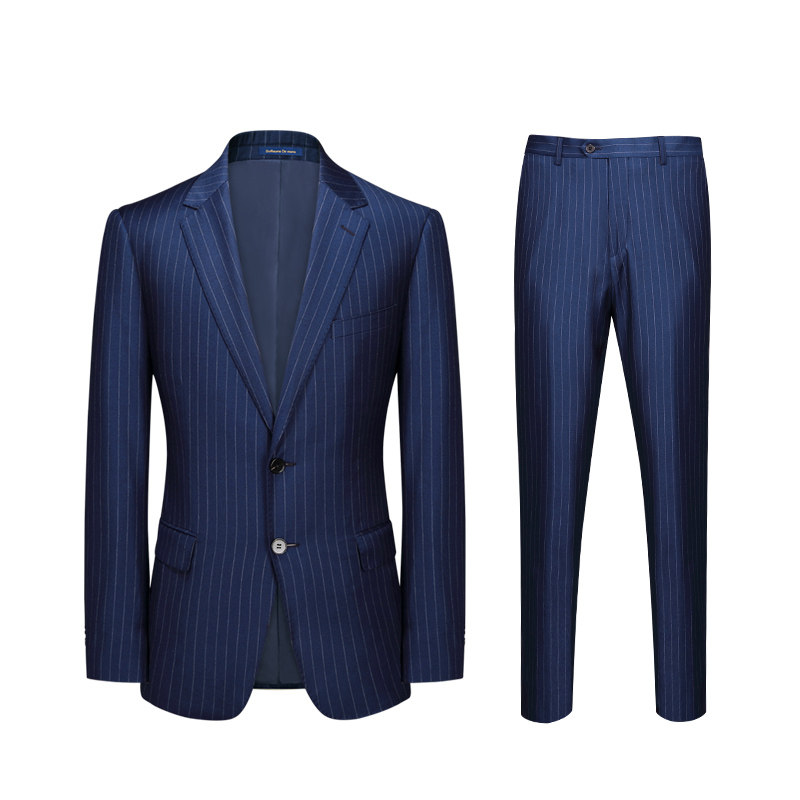 【澳嘉】西服套装男士羊毛蓝色条纹三件套新郎结婚礼服男定制西装