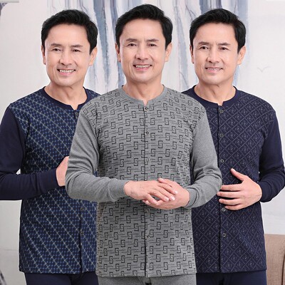 男士秋衣秋裤套装纯棉高领中老年薄款保暖内衣全棉对襟开衫棉毛衫
