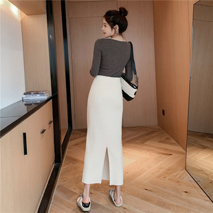 开叉半身裙2021秋冬直筒针织包臀裙中长款一步长裙女高腰裙到脚踝