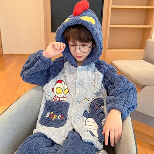 儿童睡衣法兰绒男童卡通恐龙珊瑚绒睡衣睡裤秋冬款加厚家居服套装