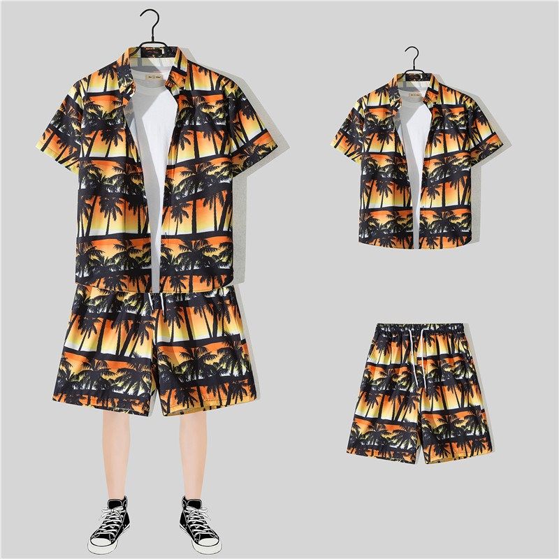 三亚风沙滩套装男夏季海南岛服海滩衬衫海边度假花衬衣短裤两件套