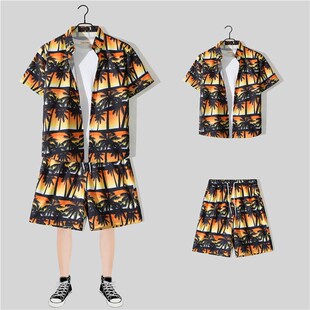 三亚风沙滩套装男夏季海南岛服海滩衬衫海边度假花衬衣短裤两件套