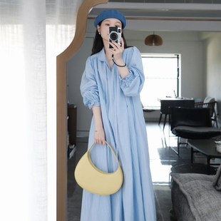 女绑带连衣裙春装法式娃娃领衬衫裙木耳边长袖纯棉连衣裙蓝色夏季