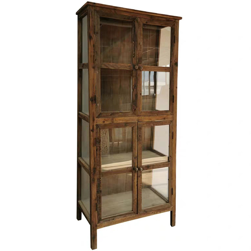 润家家居美式乡村复古餐边柜实木做旧玻璃储物柜卧室工作室陈列柜