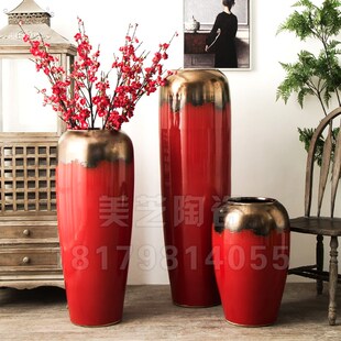 高温窑变花器插花罐客厅红色轻奢陶瓷落地大花瓶装饰陶缸摆件陶罐
