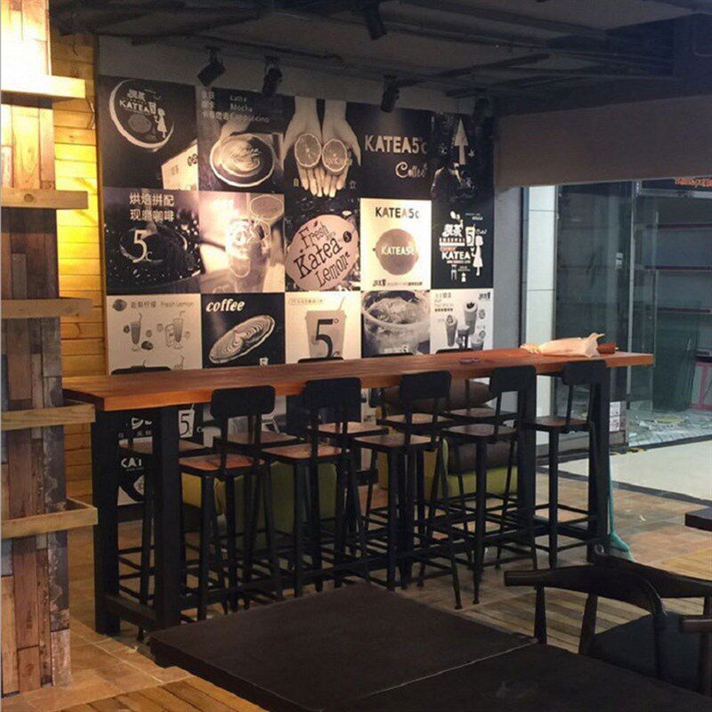 铁艺靠墙休闲咖啡厅水吧酒吧台 家用长条实木桌吧桌高脚吧台桌椅