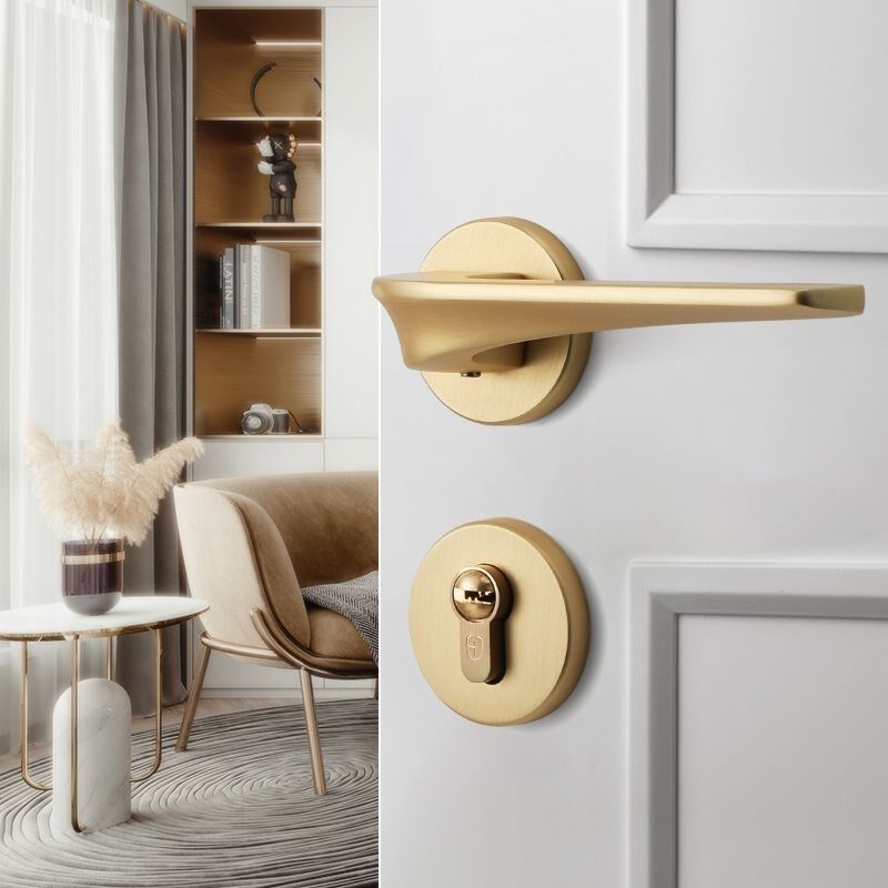 豪华室内卧室房门锁磁吸静音分体式金色木门锁法式哑光铜拉丝金