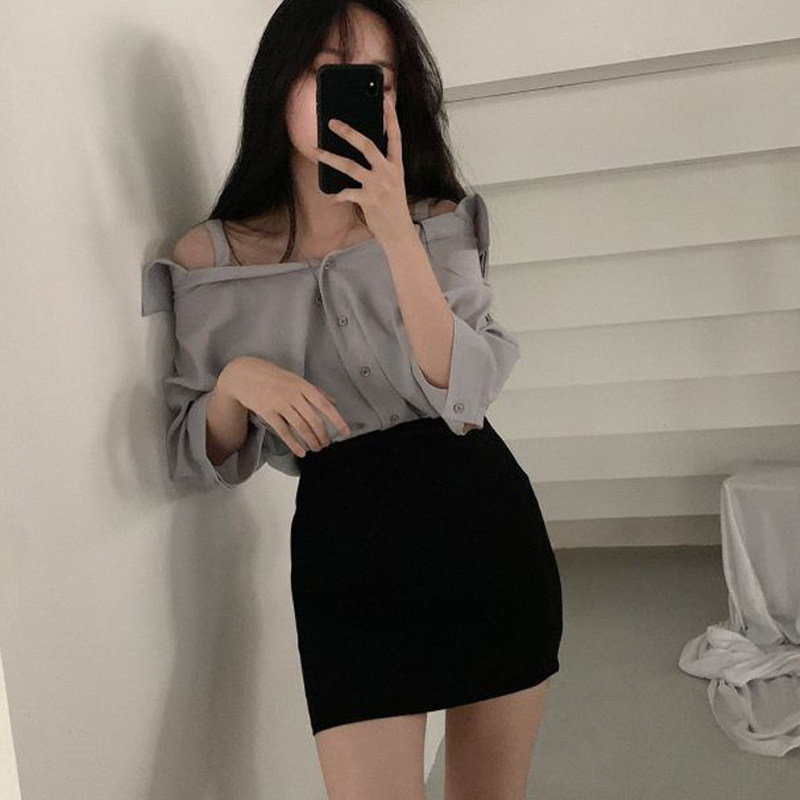 灰色西装包裙短款半身裙女夏薄款高腰a字紧身包臀一步裙ol职业黑