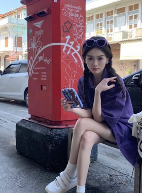 XIAOANQI美式街头牛仔短袖外套半身裙套装复古港风裙子紫色a字女