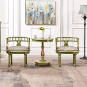 法式 彩绘花鸟一桌两椅茶桌组合实木单人沙发洽谈椅客厅绿色圆桌几