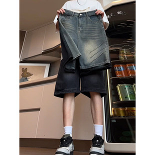 美式复古蓝牛仔短裤男款夏季潮牌设计感压褶工装直筒宽松五分裤子