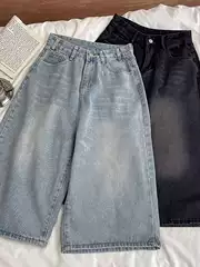 Wide-Leg Cropped Jeans for Men, 2026 Summer New Style, American Retro Washed and Distressed, Loose Straight Casual Mid-Length Pants
