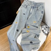子 设计感潮牌复古宽松直筒休闲裤 卡通小狗刺绣牛仔裤 男生春夏新款