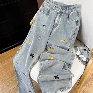 卡通小狗刺绣牛仔裤男生春夏新款设计感潮牌复古宽松直筒休闲裤子