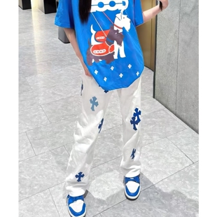 美式高街十字架白色牛仔裤男秋季新款设计感潮牌宽松直筒休闲裤子