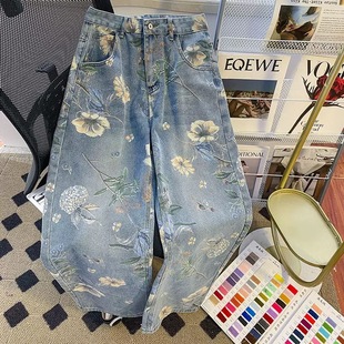 美式花卉满印牛仔裤男春秋新款网红小众设计感潮牌宽松直筒阔腿裤