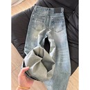 水洗做旧牛仔裤 设计感潮牌高街宽松直筒阔腿裤 男款 新款 子 秋季 美式