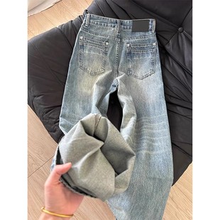 美式水洗做旧牛仔裤男款秋季新款设计感潮牌高街宽松直筒阔腿裤子
