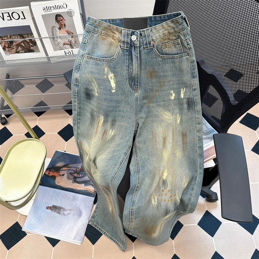 美式高街复古牛仔裤男设计感涂鸦