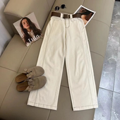 潮牌阔腿裤 设计感宽松直筒美式 子 男春秋新款 米白色立体剪裁牛仔裤