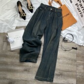 复古水泥灰牛仔裤 男春秋季 高街潮牌宽松直筒裤 美式 子垂感阔腿长裤