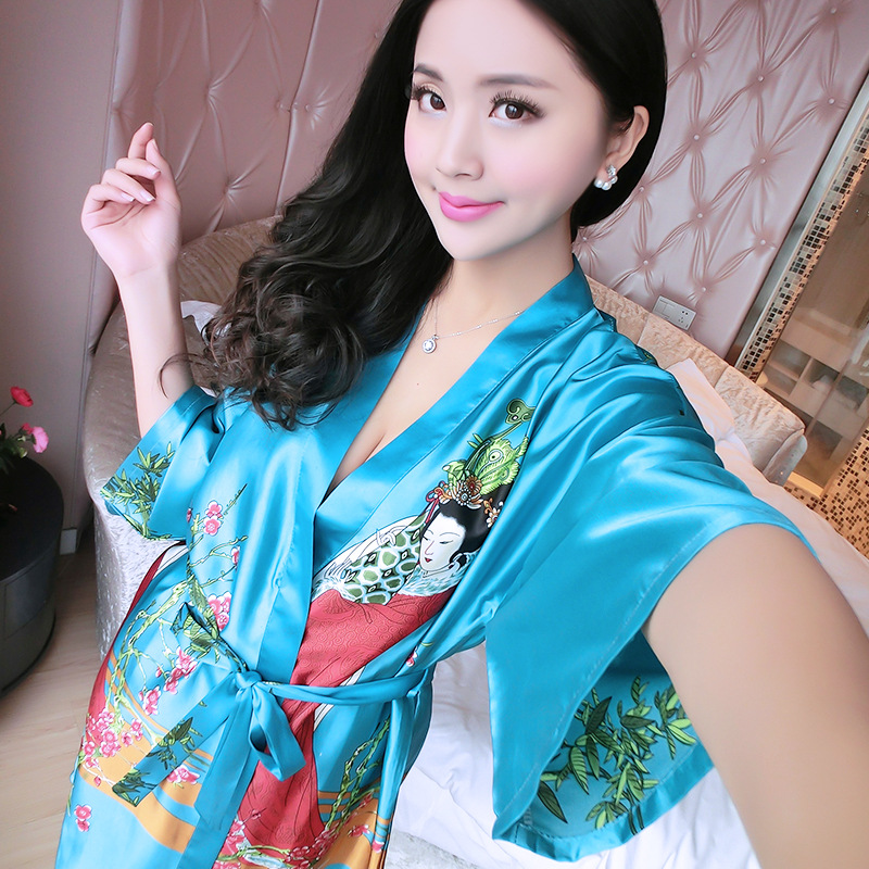 夏季短袖真丝睡衣女士性感睡袍中长款韩日式和服系带浴袍丝绸睡裙