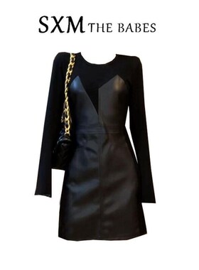 大码胖妹妹法式桔梗拼接内搭连衣裙女黑色前开叉设计打底包臀裙春