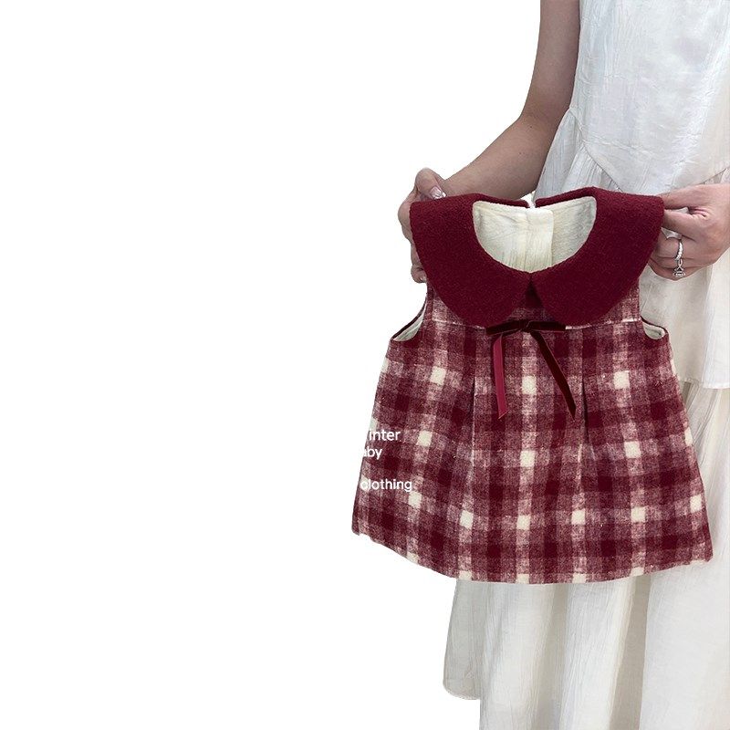 女童红色格子毛呢背心裙2024秋冬新款女孩万圣节加绒连衣裙生日裙
