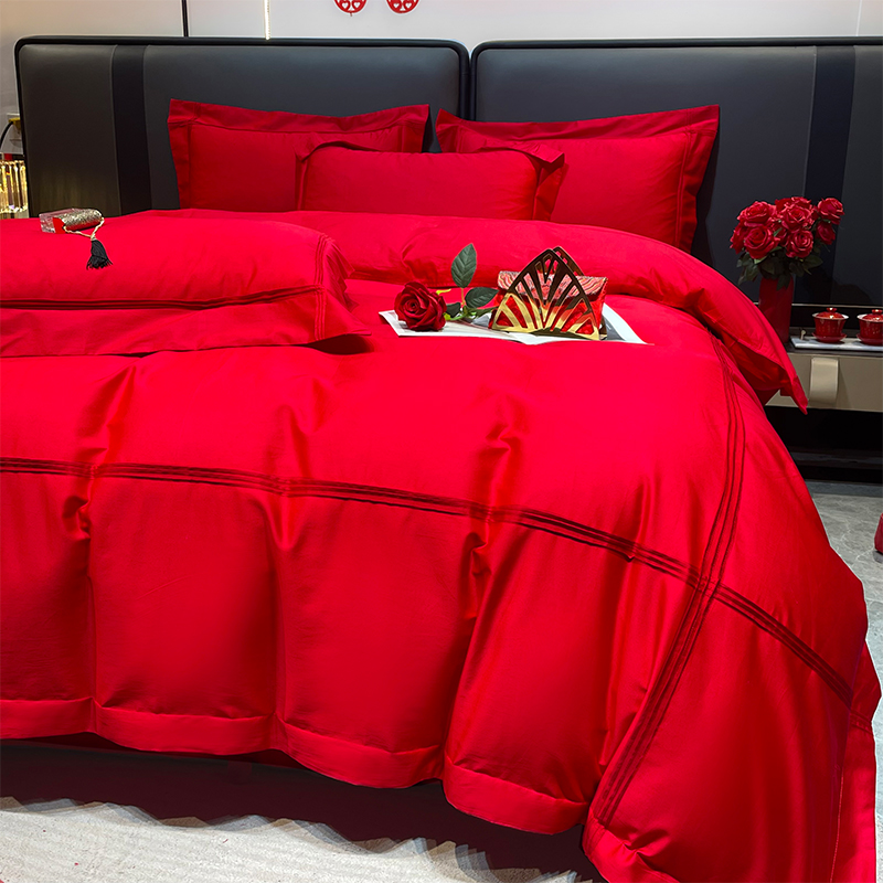100支新疆长绒棉高端简约婚庆四件套结婚纯棉红被套结婚床上用品4