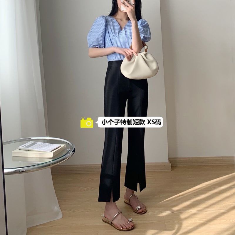 黑色开叉西装裤女八九分垂感显瘦分叉裤小个子150微喇叭休闲裤xs8