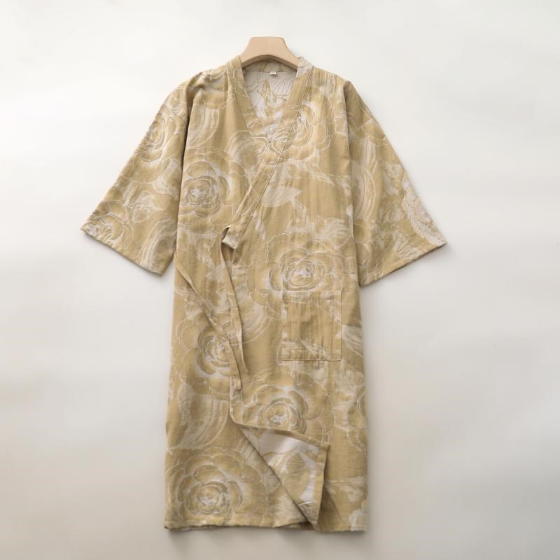 国风提花七分袖睡袍女纯棉纱日式系绳浴袍亲肤家居开衫连衣裙晨袍