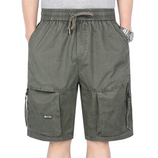 宽松大码 薄款 多口袋纯棉五分裤 衩爸爸夏季 松紧 中老年深裆短裤 男式