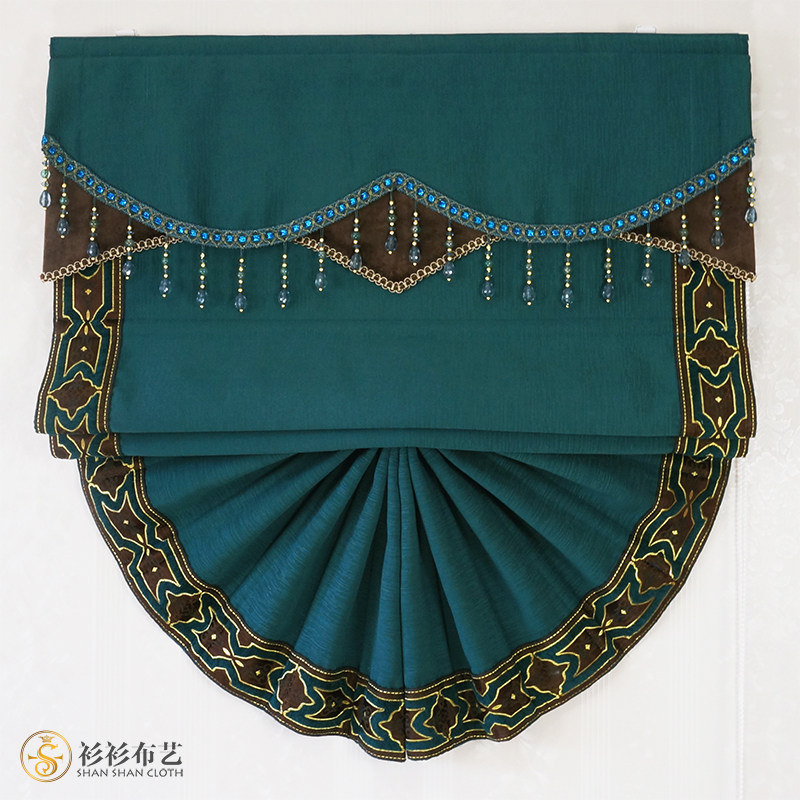 轻奢孔雀蓝北欧风窗帘客厅卧室简约扇形帘遮光粉色罗马帘含轨道