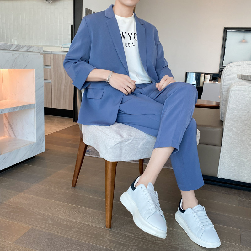 高级感中袖西装裤子一套男春夏季薄款七分袖外套休闲宽松西服套装