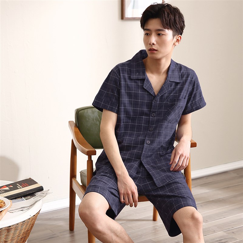 男士睡衣夏季薄款纯棉格子加大码短袖短裤夏天春季全棉家居服套装