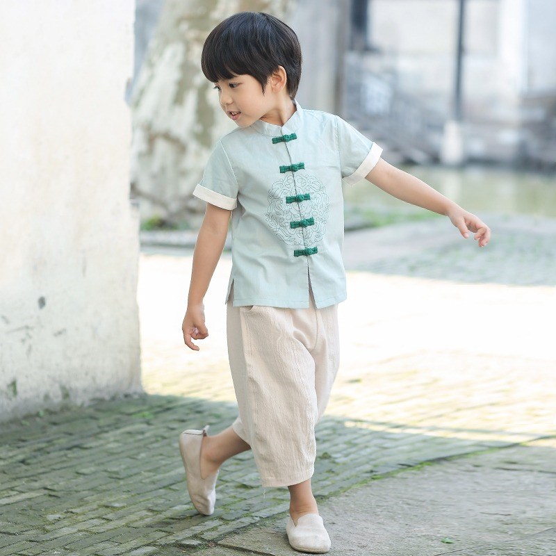 汉服男童改良薄款唐装儿童中国风夏宝宝复古短袖上衣小孩民族服装图片